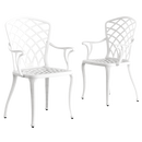 2 scaune exterior albe PALERMO evidențiind designul ergonomic, materialul durabil și structura rezistentă la intemperii. Ideal pentru spații exterioare precum terase, grădini și cafenele.