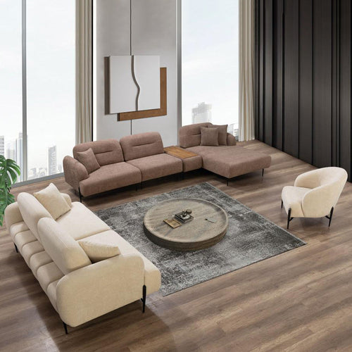 Doi Canapea modulară extensibilă KAPPA cu modul măsuța  265 cm, textură modernă boucle, lemn masiv, metal, , unu fotoliu Doi Canapea modulară extensibilă KAPPA cu modul măsuța  265 cm, textură modernă boucle, lemn masiv, metal, , unu fotoliu