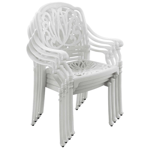 Patru scaune albe de exterior stivuite, design compact și ergonomic, ideale pentru economisirea spațiului. Material durabil, protecție UV, perfect pentru terase, grădini și cafenele. Patru scaune albe de exterior stivuite, design compact și ergonomic, ideale pentru economisirea spațiului. Material durabil, protecție UV, perfect pentru terase, grădini și cafenele.