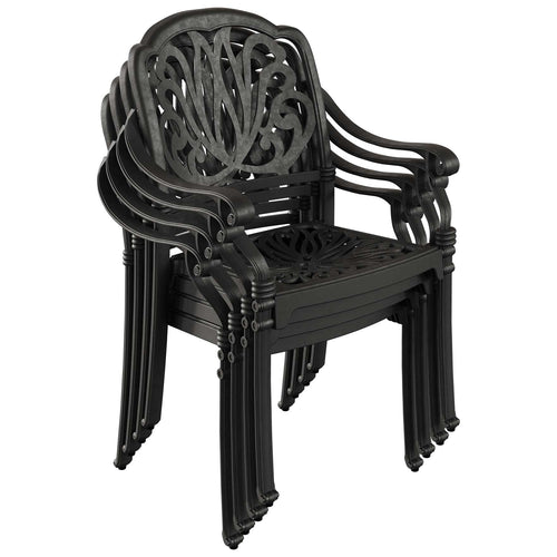 Patru scaune negre de exterior stivuite, design compact și ergonomic, ideale pentru economisirea spațiului. Material durabil, protecție UV, perfect pentru terase, grădini și cafenele. Patru scaune negre de exterior stivuite, design compact și ergonomic, ideale pentru economisirea spațiului. Material durabil, protecție UV, perfect pentru terase, grădini și cafenele.