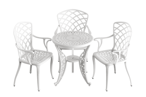 Set de mobilier exterior alb cu 3 scaune Palermo și o masă 60 cm, ideal pentru terase, grădini, cafenele și restaurante. Design elegant, material rezistent la intemperii, protecție UV și durabilitate sporită. Set de mobilier exterior alb cu 3 scaune Palermo și o masă 60 cm, ideal pentru terase, grădini, cafenele și restaurante. Design elegant, material rezistent la intemperii, protecție UV și durabilitate sporită.