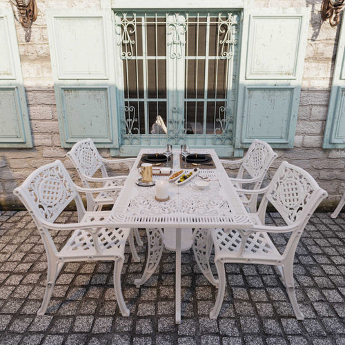 Set de mobilier exterior cu patru scaune alb RIMINI și o masă alb, ideal pentru terase, grădini, cafenele și restaurante. Design elegant, material rezistent la intemperii, protecție UV și durabilitate sporită. Set de mobilier exterior cu patru scaune alb RIMINI și o masă alb, ideal pentru terase, grădini, cafenele și restaurante. Design elegant, material rezistent la intemperii, protecție UV și durabilitate sporită.