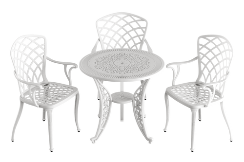 Set de mobilier exterior albe cu 3 scaune și o masă, ideal pentru terase, grădini, cafenele și restaurante. Design elegant, material rezistent la intemperii, protecție UV și durabilitate sporită. Set de mobilier exterior albe cu 3 scaune și o masă, ideal pentru terase, grădini, cafenele și restaurante. Design elegant, material rezistent la intemperii, protecție UV și durabilitate sporită.