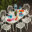 Set de mobilier exterior albe cu sase scaune SARDEGNA și o masă, ideal pentru terase, grădini, cafenele și restaurante. Design elegant, material rezistent la intemperii, protecție UV și durabilitate sporită.