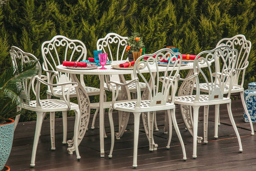 Set de mobilier exterior albe cu sase scaune SARDEGNA și o masă, ideal pentru terase, grădini, cafenele și restaurante. Design elegant, material rezistent la intemperii, protecție UV și durabilitate sporită. Set de mobilier exterior albe cu sase scaune SARDEGNA și o masă, ideal pentru terase, grădini, cafenele și restaurante. Design elegant, material rezistent la intemperii, protecție UV și durabilitate sporită.