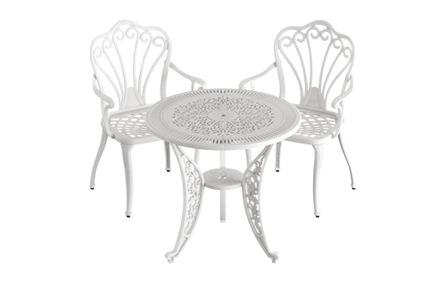 Set masă rotundă și 2 scaune albe ergonomice din plastic durabil, rezistente la intemperii și raze UV. Ideal pentru terasă, grădină sau balcon. Set masă rotundă și 2 scaune albe ergonomice din plastic durabil, rezistente la intemperii și raze UV. Ideal pentru terasă, grădină sau balcon.