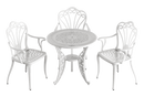 Set masă rotundă și 3 scaune albe ergonomice din plastic durabil, rezistente la intemperii și raze UV. Ideal pentru terasă, grădină sau balcon.