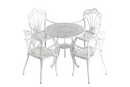 Set masă rotundă și 4 scaune albe ergonomice din plastic durabil, rezistente la intemperii și raze UV. Ideal pentru terasă, grădină sau balcon.