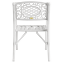 Scaun exterior alb RIMINI fotografiat din spate, evidențiind designul ergonomic, materialul durabil și structura rezistentă la intemperii. Ideal pentru spații exterioare precum terase, grădini și cafenele.