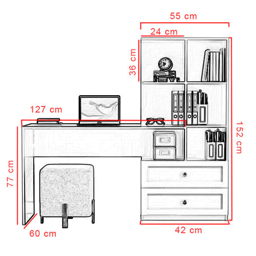 Birou BETTY 5 rafturi 2 sertare 155 x 60 cm - Alb