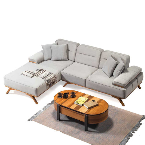 Colțar Extensibil 3+1 locuri cu șezlong AVIVA 265 x 190 cm, material: Catifea exclusivă, picioarelor: Lemn