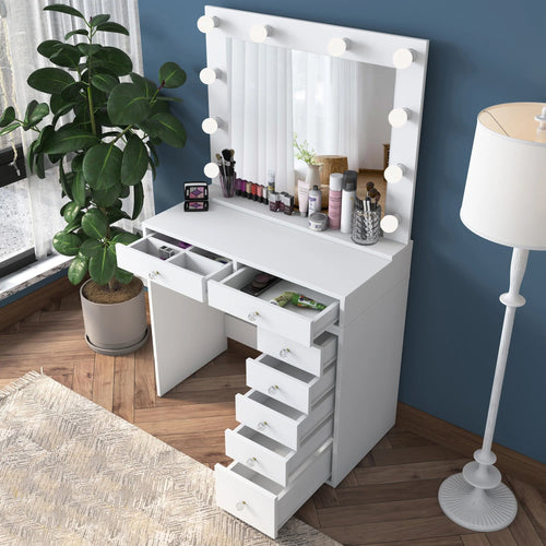 Masă de toaleta cu oglindă iluminată LED DIANA PURE 7 sertare 90 x 45 cm, LED inclus - Maroom