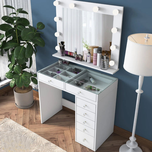 Masă de toaleta cu oglindă iluminată LED DIANA 7 sertare 90 x 45 cm, LED inclus - Maroom