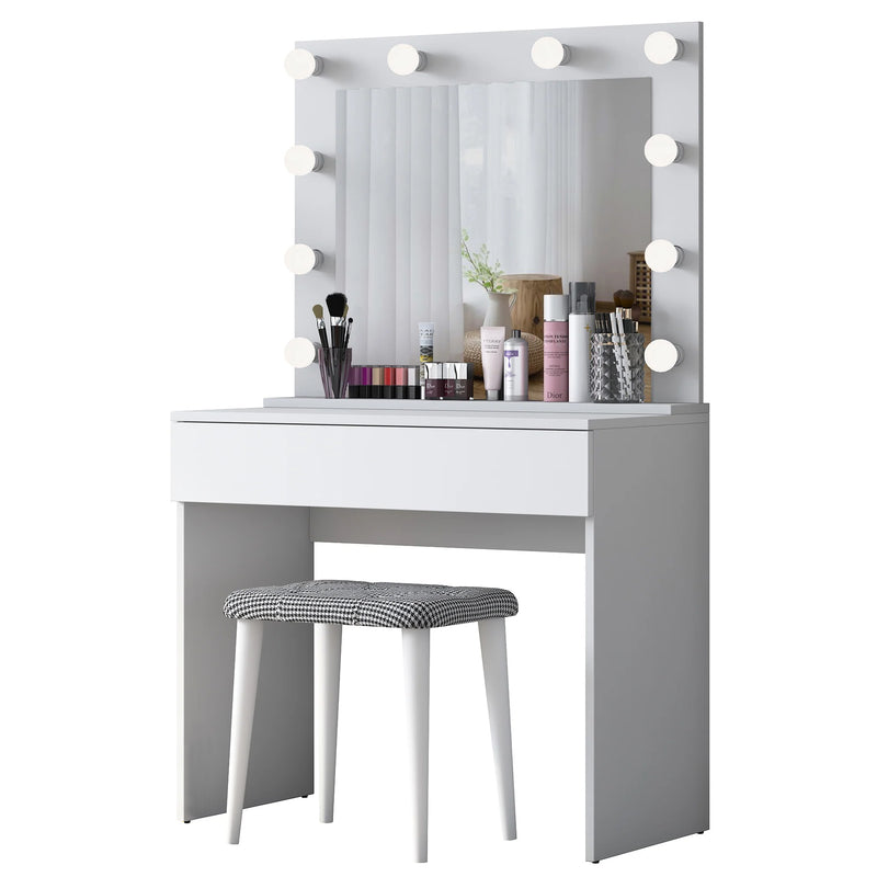 Masă de toaleta cu oglindă iluminată LED și taburet SWAN 1 sertar 90 x 45 cm, LED inclus