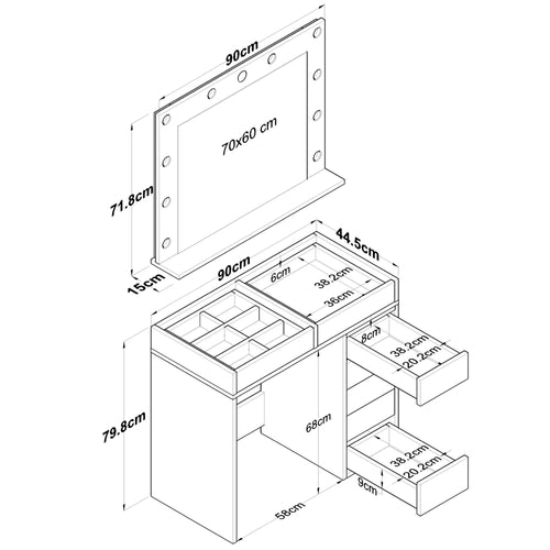Masă de toaleta cu oglindă iluminată LED DIANA 7 sertare 90 x 45 cm, LED inclus - Maroom