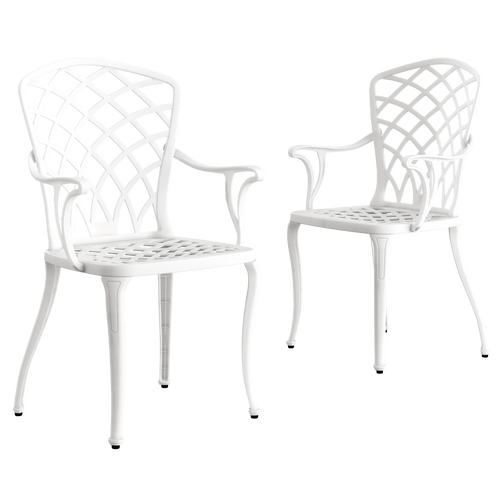 2 scaune exterior albe PALERMO evidențiind designul ergonomic, materialul durabil și structura rezistentă la intemperii. Ideal pentru spații exterioare precum terase, grădini și cafenele.