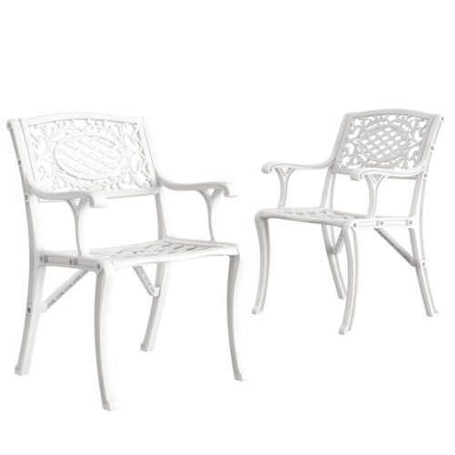 2 scaune exterior albe RIMINI evidențiind designul ergonomic, materialul durabil și structura rezistentă la intemperii. Ideal pentru spații exterioare precum terase, grădini și cafenele.