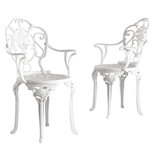 2 scaune exterior albe SICILY evidențiind designul ergonomic, materialul durabil și structura rezistentă la intemperii. Ideal pentru spații exterioare precum terase, grădini și cafenele.