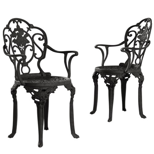 2 scaune exterior negre SICILY evidențiind designul ergonomic, materialul durabil și structura rezistentă la intemperii. Ideal pentru spații exterioare precum terase, grădini și cafenele.