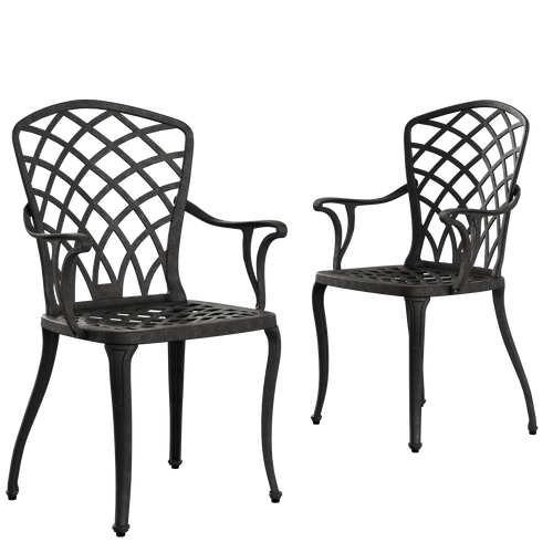 2 scaune exterior negre PALERMO evidențiind designul ergonomic, materialul durabil și structura rezistentă la intemperii. Ideal pentru spații exterioare precum terase, grădini și cafenele.