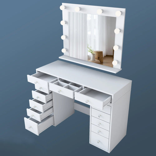 Masă de toaleta cu oglindă iluminată LED DIANA PURE 13 sertare 120 x 45 cm, LED inclus - Maroom