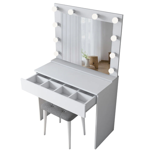 Masă de toaleta cu oglindă iluminată LED și taburet SWAN 1 sertar 90 x 45 cm, LED inclus - Maroom