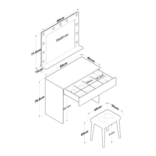 Masă de toaleta cu oglindă iluminată LED și taburet SWAN 1 sertar 90 x 45 cm, LED inclus - Maroom