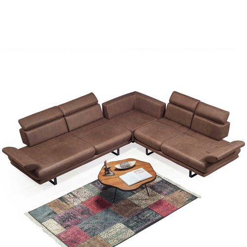 Colțar Extensibil 6 locuri TERRA 305 x 270 cm , Țesătură cu aspect de piele, Tipul picioarelor: Metal , detalie     din sus