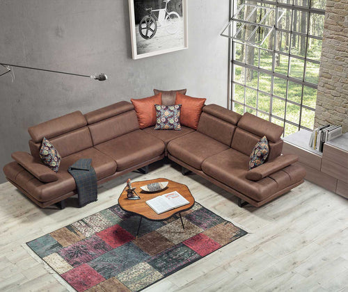 Colțar Extensibil 6 locuri TERRA 305 x 270 cm , Țesătură cu aspect de piele, Tipul picioarelor: Metal , detalie     din sus