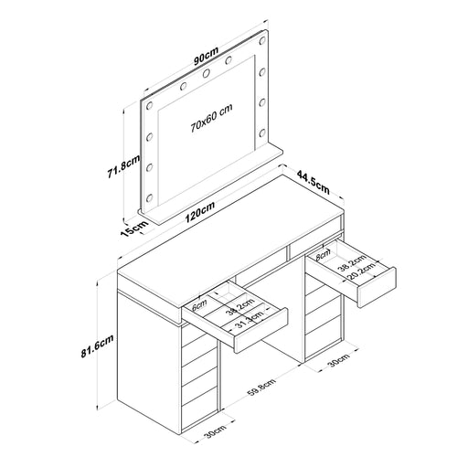 Masă de toaleta cu oglindă iluminată LED DIANA PURE 13 sertare 120 x 45 cm, LED inclus - Maroom