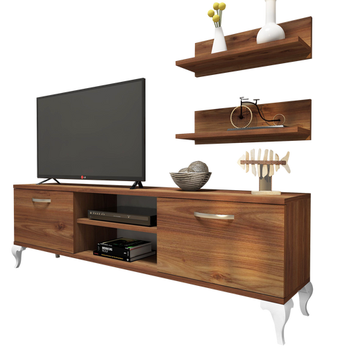 Set comodă Tv HARMONY 4 rafturi 2 uși 150cm, Opțiuni culoare - Nuc inchis