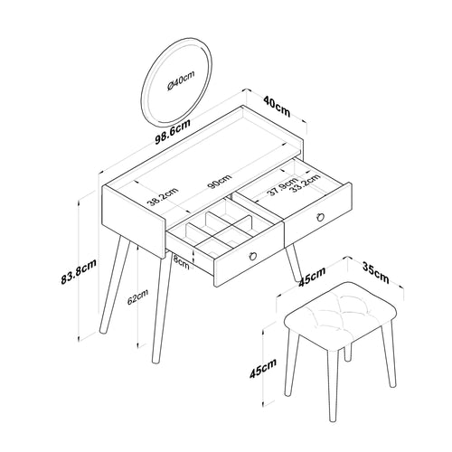 Masă de toaleta și taburet LASH 2 sertare 94 x 40 cm - Maroom