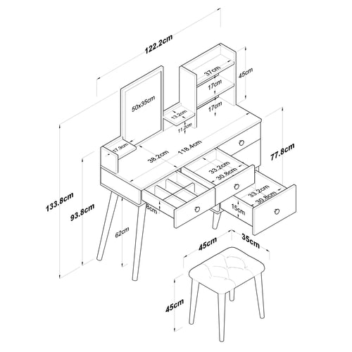 Masă de toaleta și taburet BRITNEY 5 rafturi 5 sertare 118 x 38 cm - Maroom