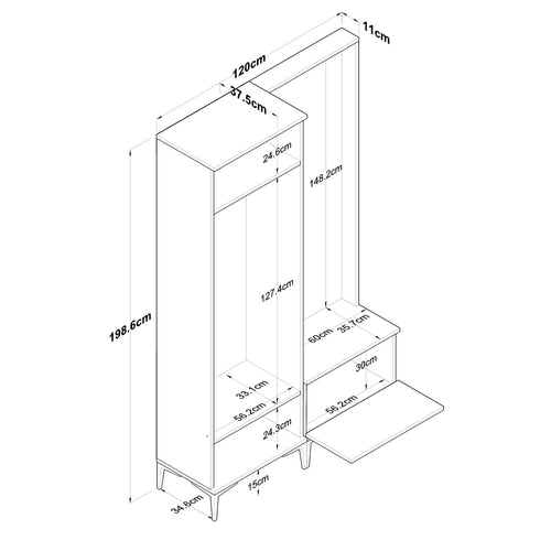 Set mobilier hol ANGORA CR 3 uși, 120x199x38 cm, cuier și pantofar, Opțiuni culoare - Maroom