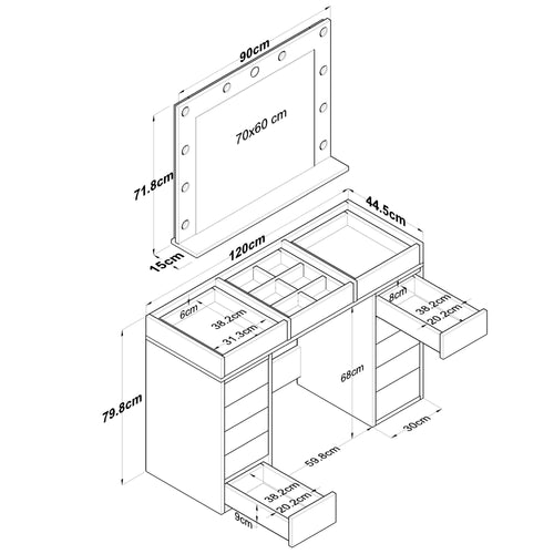 Masă de toaleta cu oglindă iluminată LED DIANA 13 sertare 120 x 45 cm, LED inclus - Maroom