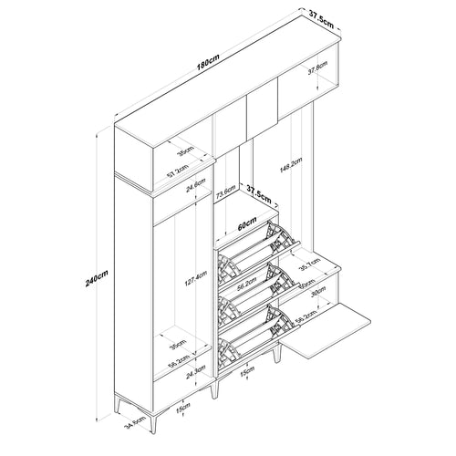 Set mobilier hol ANGORA CR 12 uși, 180x240x38 cm, cuier și pantofar, Opțiuni culoare - Maroom