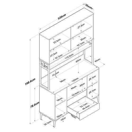 Dulap Bucătărie NICE 2 rafturi 6 uși 2 sertare, 120 x 199 cm - Maroom