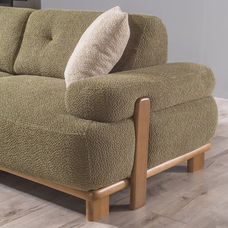 Canapea PANDA extensibil 3 locuri  textură modernă boucle picioarelor: Lemn. extensibila  din lateral   detalie