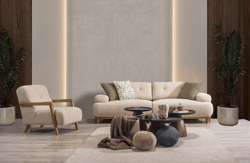 Canapea PANDA extensibil 3 locuri   si fotoliu textură modernă boucle picioarelor: Lemn. extensibila  setul