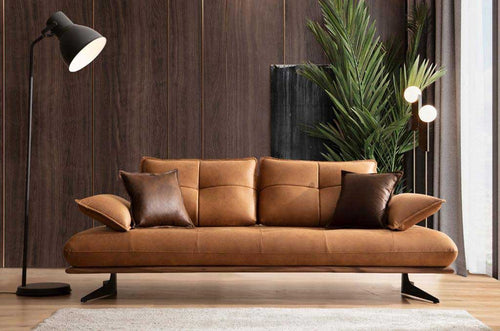 Canapea extensibilă TESLA,  senzația de piele natural, Picioarele : din metal vopsit în câmp electrostatic. , extensibila detalie ,  Canapea maro deschis Tesla in camera cu lampadar