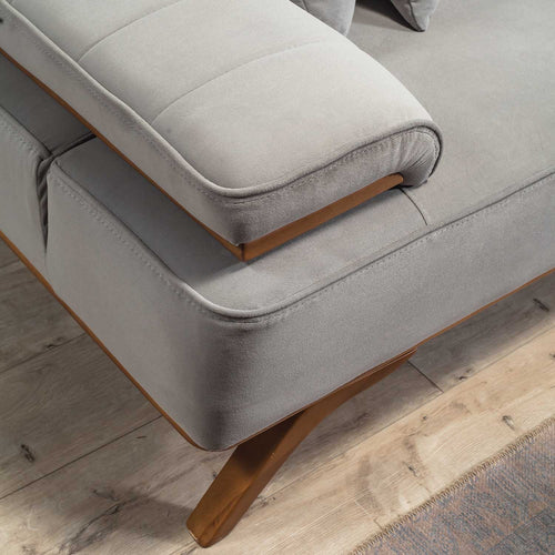 Colțar Extensibil 3+1 locuri cu șezlong AVIVA 265 x 190 cm, material: Catifea exclusivă, picioarelor: Lemn, detalie din sus