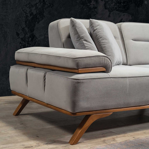 Colțar Extensibil 3+1 locuri cu șezlong AVIVA 265 x 190 cm, material: Catifea exclusivă, picioarelor: Lemn, detalie, din parte stanga