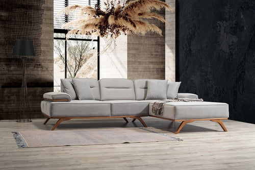 Colțar Extensibil 3+1 locuri cu șezlong AVIVA 265 x 190 cm, material: Catifea exclusivă, picioarelor: Lemn, din fata