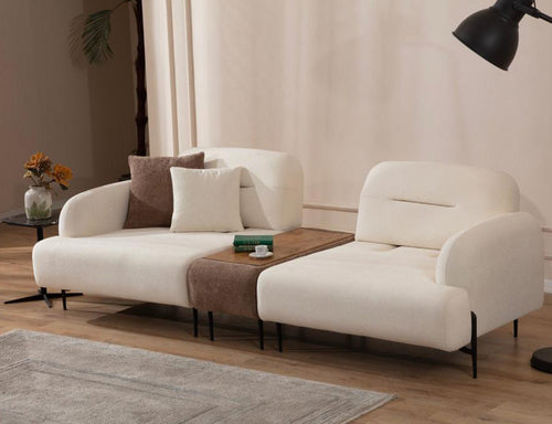 Canapea modulară extensibilă KAPPA cu modul măsuța  265 cm, textură modernă boucle, lemn masiv, metal negru