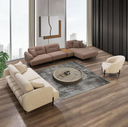 Colțar modular extensibil KAPPA cu modul măsuța, 355 x 185 cm  picior metal, textură modernă boucle , unu fotoliu doi canapea