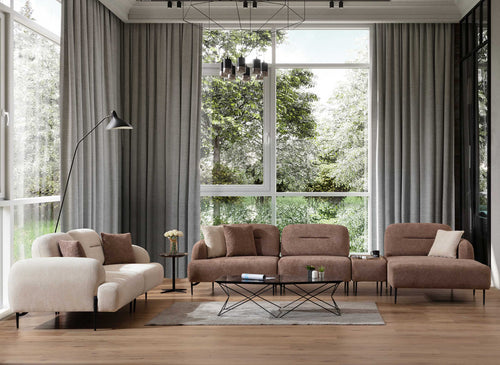 Doi Canapea modulară extensibilă KAPPA cu modul măsuța  265 cm, textură modernă boucle, lemn masiv, metal