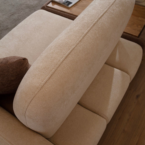 Canapea modulară extensibilă KAPPA cu modul măsuța  265 cm, textură modernă boucle, lemn masiv, metal, detaliu din spate