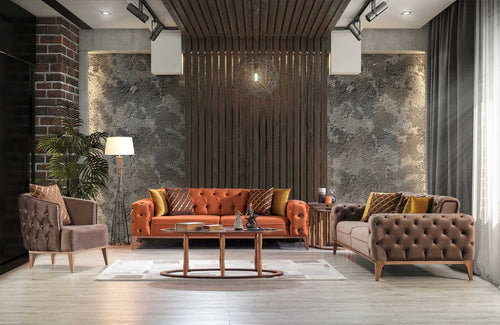 Canapea extensibilă LILA 3 locuri 230 cm, material: Catifea exclusivă, picioarelor: Metal.  2 canapele 1 fotoliu