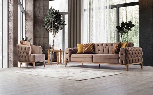 Canapea extensibilă LILA 3 locuri 230 cm, material: Catifea exclusivă, picioarelor: Metal.  1 canapea 1 fotoliu