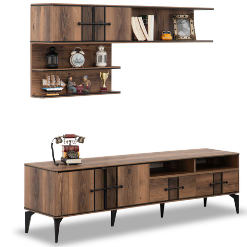 Comodă TV LOTTO 2 rafturi 2 uşi 2 sertare 200 cm, Nuc - Maroom